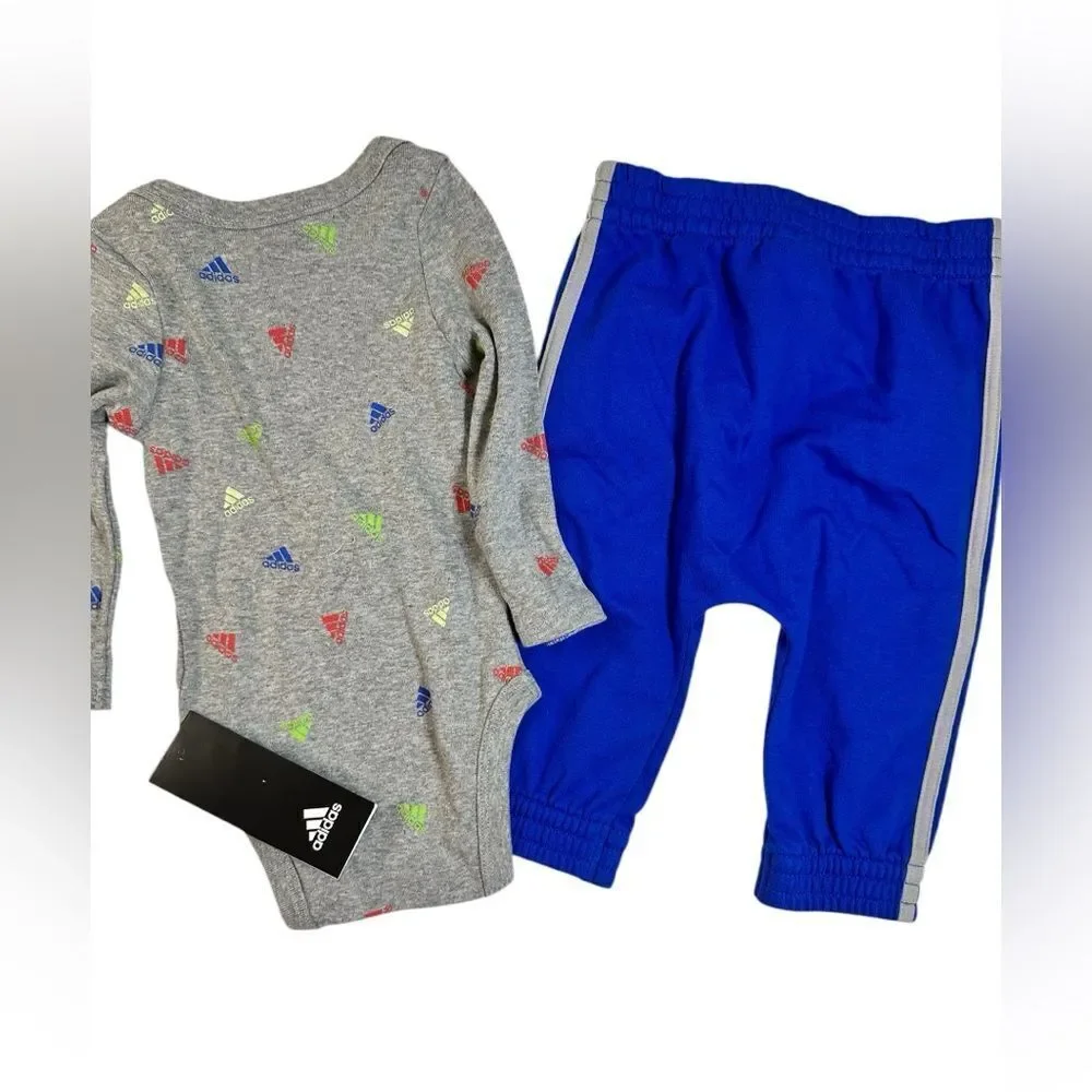 NWT Adidas Baby 2 Piece Logo Gray Body Shirt Blue Jogging Pant Set - Size 6M